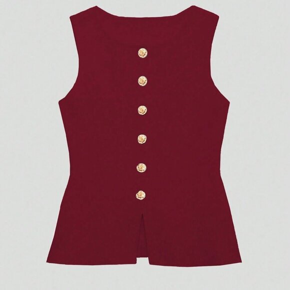 Burgundy Casual Women's Metal Button Open Front Sleeveless Jacket - Picture 5 of 8